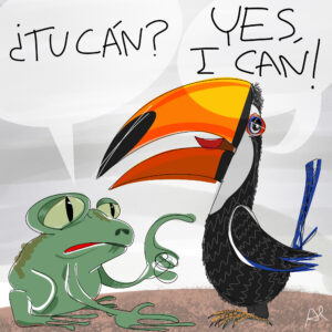 Tucan and frog, illustrated by Antonio Penalver